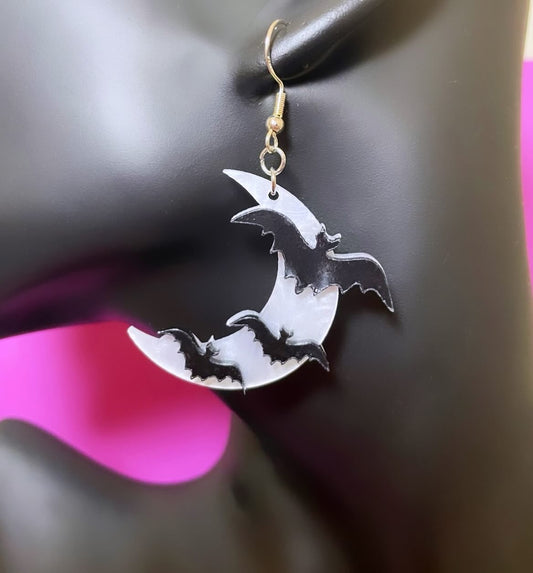 Crescent moon with bats earrings