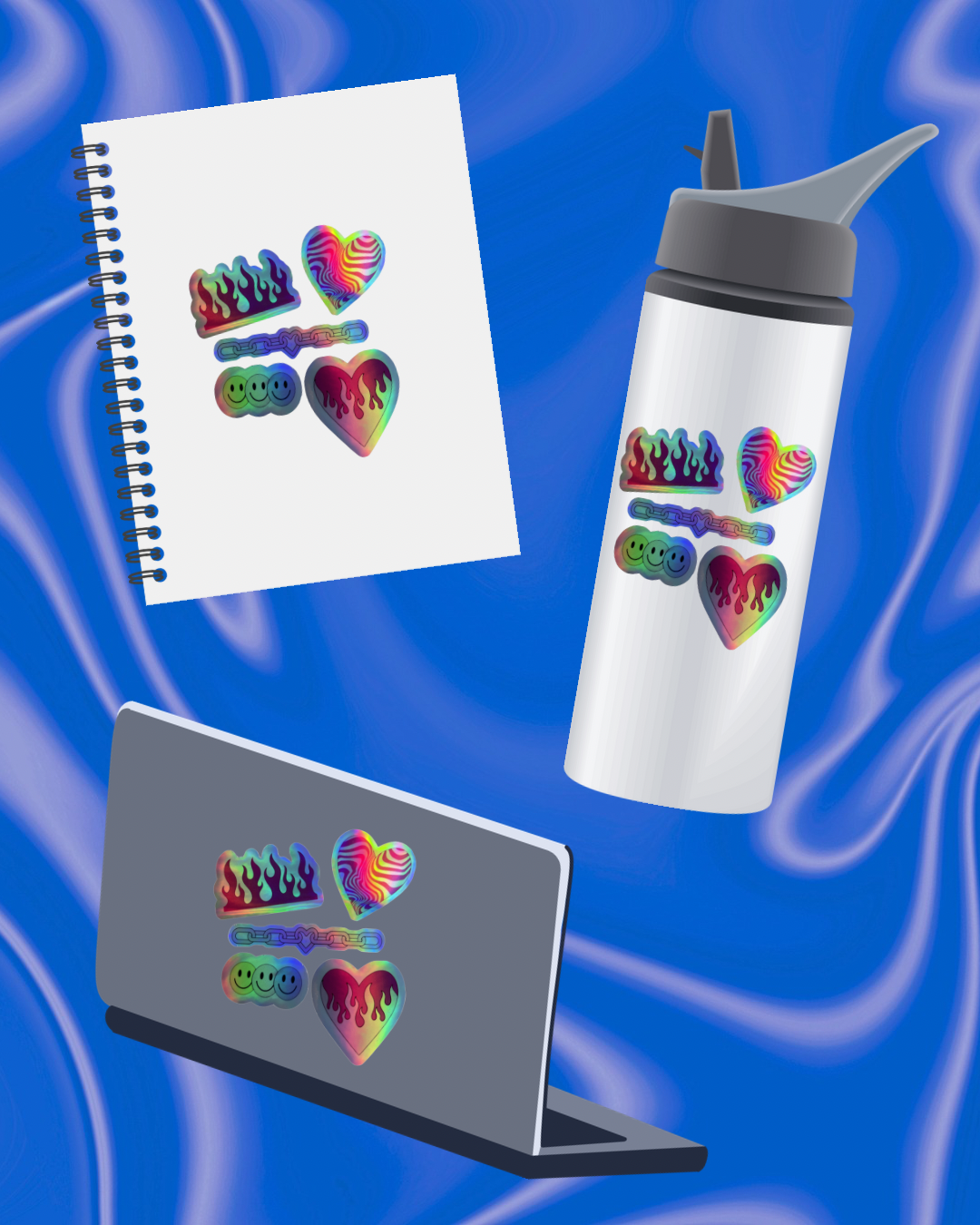 a notebook, water bottle, and laptop stand with holographic sticker set on a blue swirling background