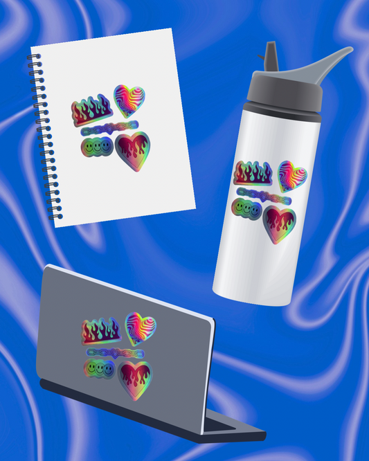 a notebook, water bottle, and laptop stand with holographic sticker set on a blue swirling background
